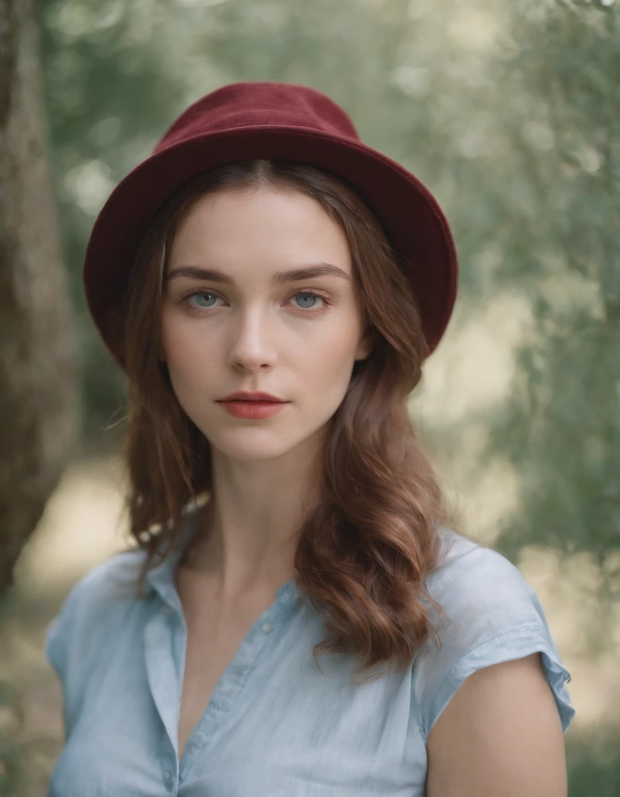 young woman in hat wearing a shirt over her head, in the style of light sky-blue and dark red, fujifilm pro 400h, kintsugi, alex colville, uhd image, troubadour style, fauvist portraiture --