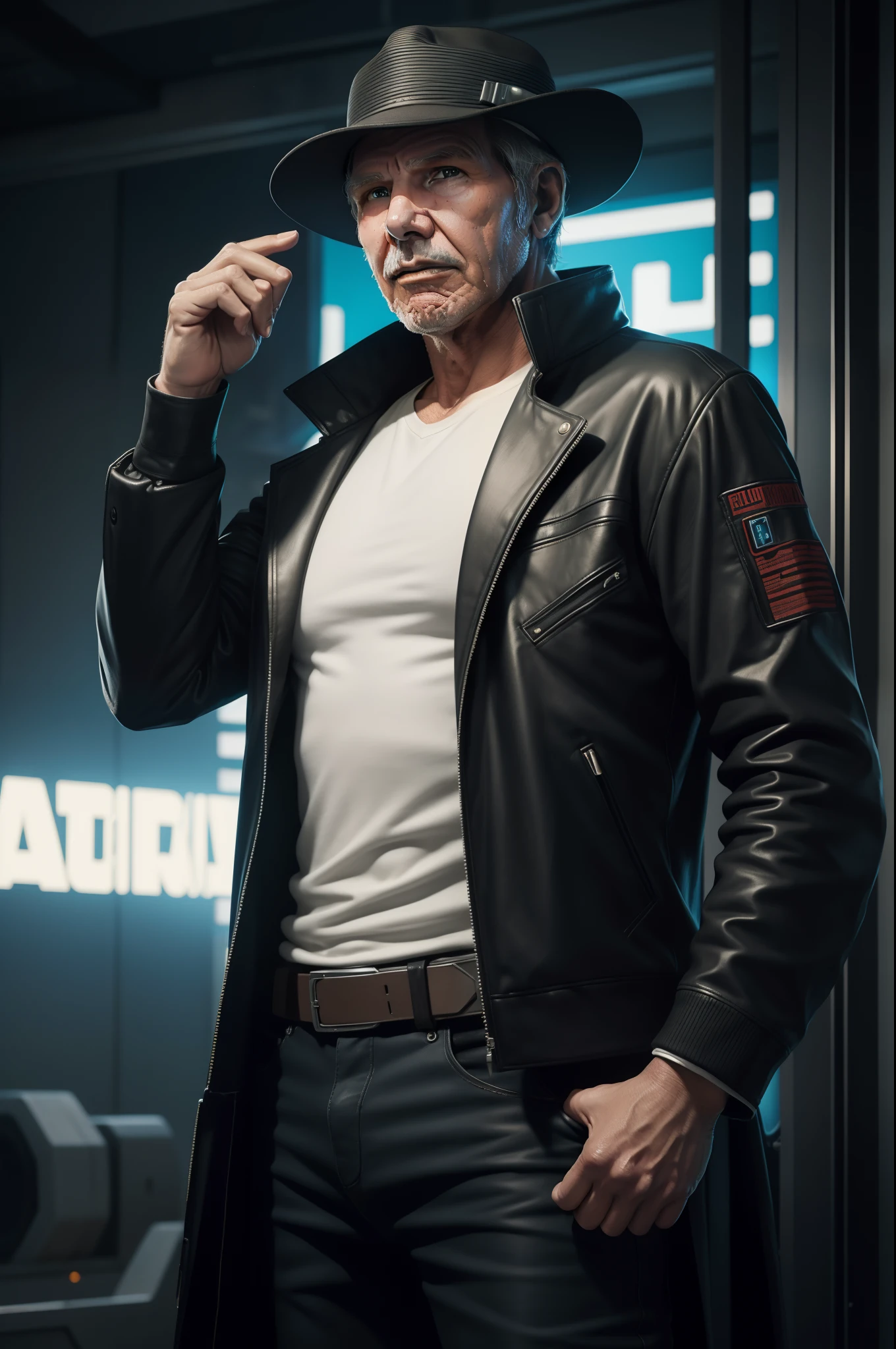 Obra prima , RAW Camera,  ultra realista,  Harrison Ford , ator de filmes , corpo inteiro  ,  jaqueta de couro velha ,  hat on head , fundo estilo Cyberpunk