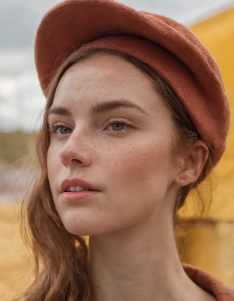 a young woman with freckles in a hat on a yellow background, in the style of photorealistic detailing, light red and white, 8k resolution, close-up intensity, humanistic empathy, lit kid, flickr