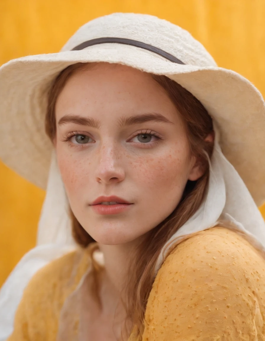 a young woman with freckles in a hat on a yellow background, in the style of photorealistic detailing, light red and white, 8k resolution, close-up intensity, humanistic empathy, lit kid, flickr