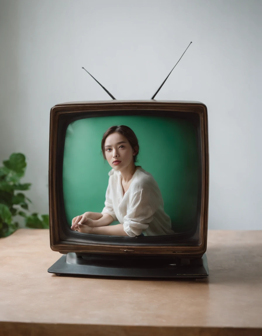 a person is sitting on a green square with a television on top, in the style of androgynous, industrial photography, onii kei, white, tabletop photography, 32k uhd, agfa clack