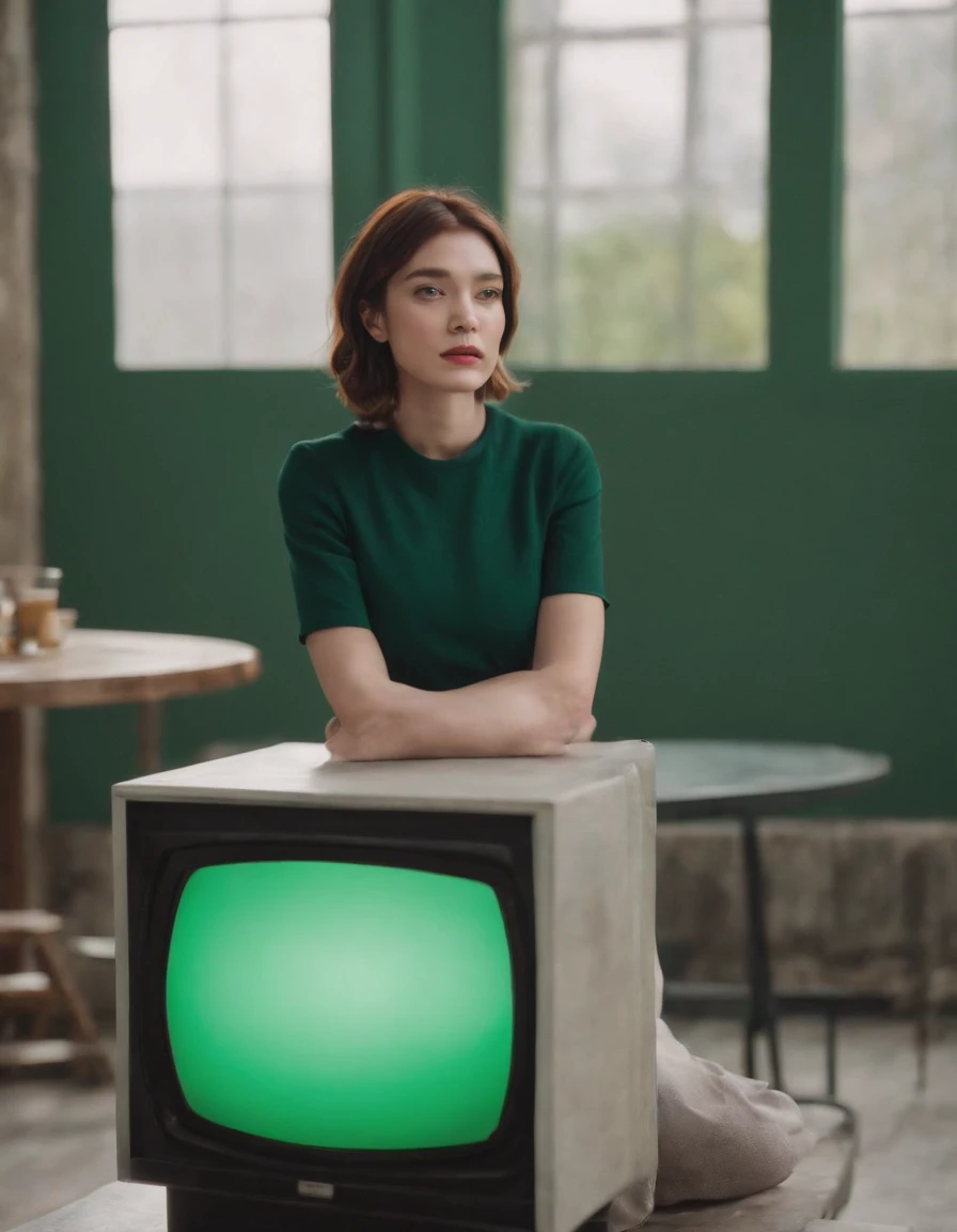 young girl in jeans sitting on a green television by maryann coady, in the style of sean scully, mary jane ansell, genderless, photo taken with fujifilm superia, bold curves, light white and white, industrial chic