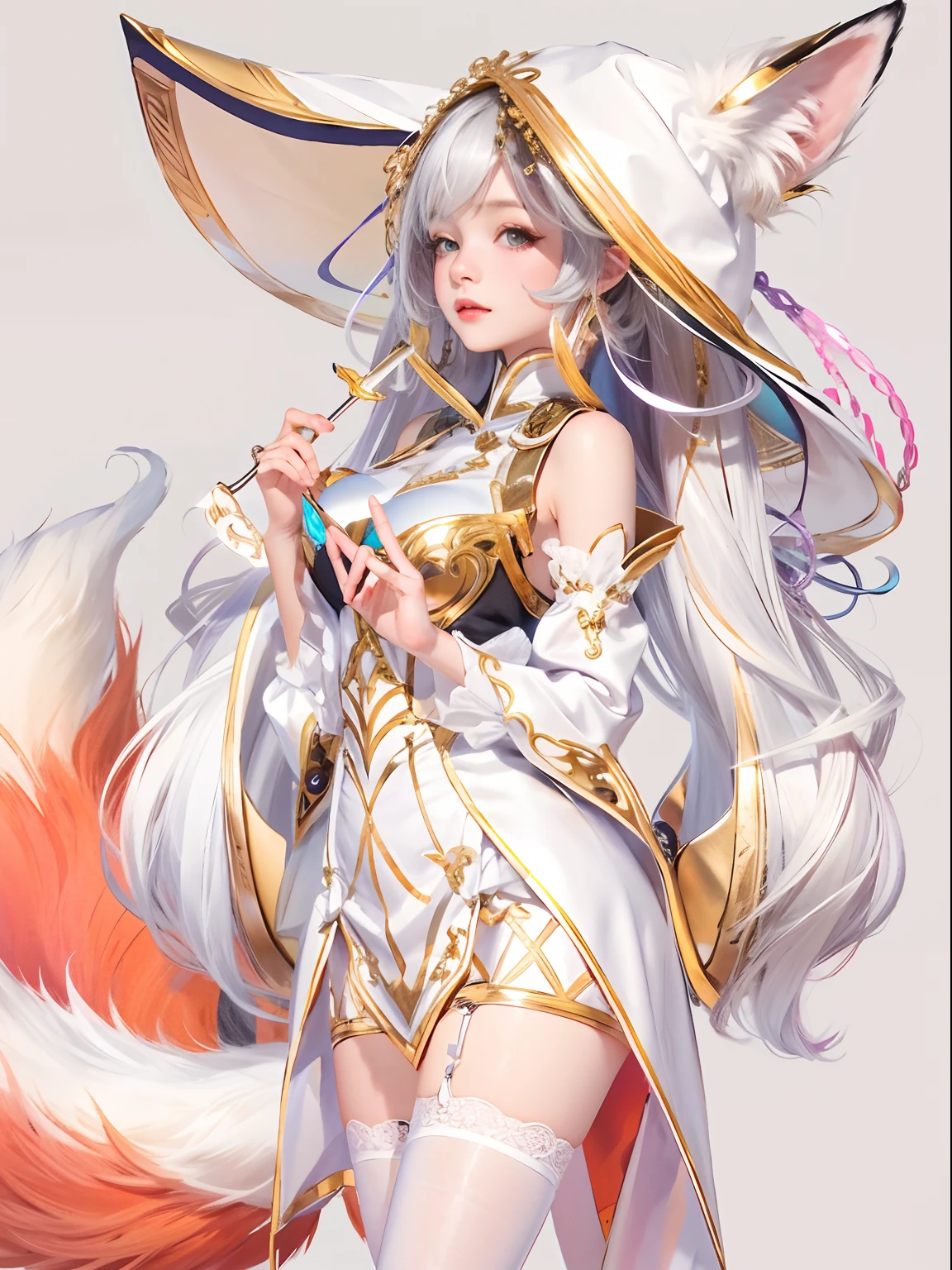 profile,Charter layout,full bodyesbian,Stand and pay attention,view the viewer,putdownhands,Fox girl,Flashy clothes,Detail Clothing,White background,White stockings