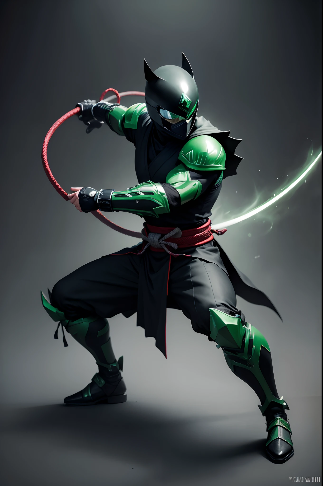 create a dark green ninja power ranger, full body , black background , holding whip , a bit samurai theme ,wearing hat