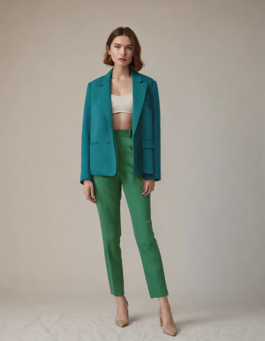 a young woman wearing a blue jacket and green pants, in the style of color-blocked shapes, inna mosina, voluminous forms, new american color photography, heatwave, full body, elongated
