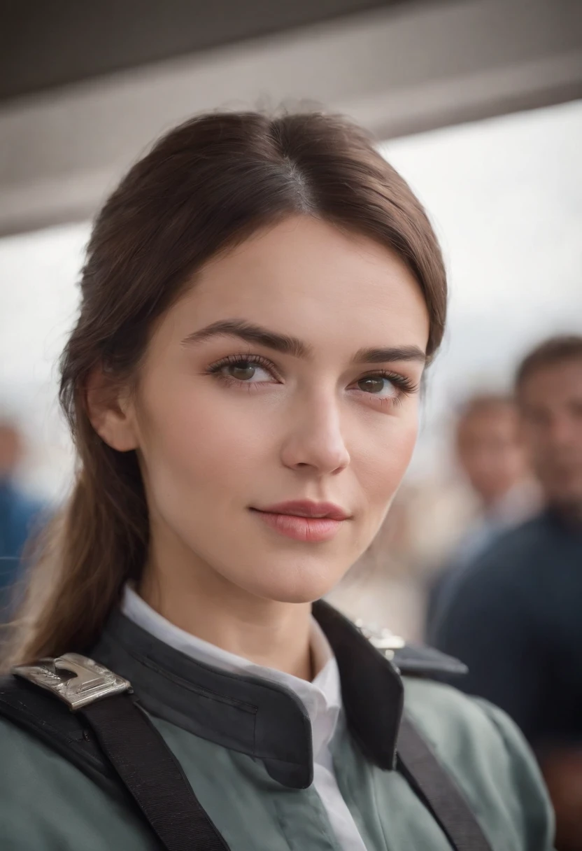 Cinematic portrait, ((medium close-up)), facing the audience, (Reality :1.3), a woman looking into the camera, professional pilot, pilot costume, detailed beautiful faces, action shots, airport background, background blur, joyful atmosphere, daytime, photo realistic, CG, art station