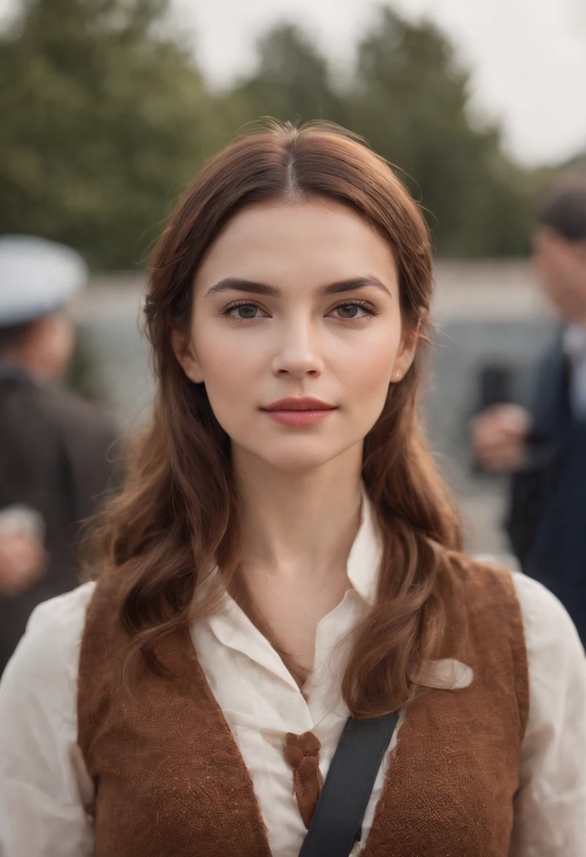 Cinematic portrait, ((medium close-up)), facing the audience, (Reality :1.3), a woman looking into the camera, professional pilot, pilot costume, detailed beautiful faces, action shots, airport background, background blur, joyful atmosphere, daytime, photo realistic, CG, art station
