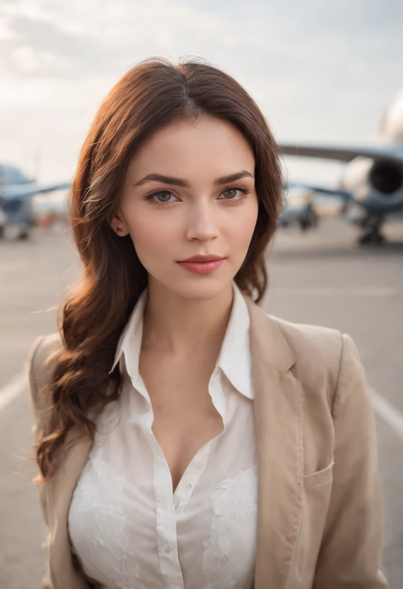 Cinematic portrait, ((medium close-up)), facing the audience, (Reality :1.3), a woman looking into the camera, professional pilot, pilot costume, detailed beautiful faces, action shots, airport background, background blur, joyful atmosphere, daytime, photo realistic, CG, art station