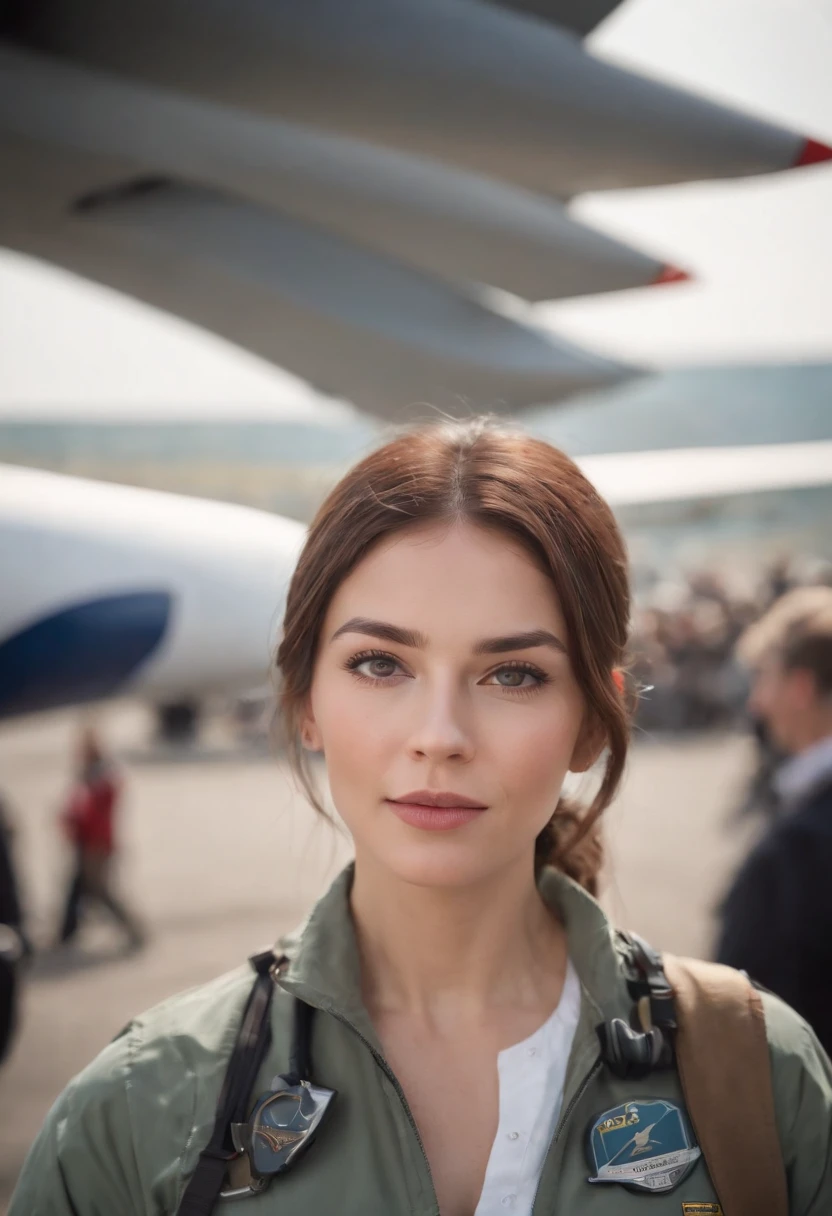Cinematic portrait, ((medium close-up)), facing the audience, (Reality :1.3), a woman looking into the camera, professional pilot, pilot costume, detailed beautiful faces, action shots, airport background, background blur, joyful atmosphere, daytime, photo realistic, CG, art station