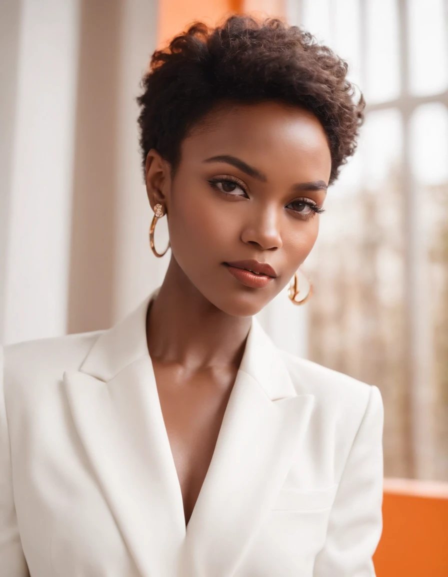 black woman short hair, fashion model pose, wearing white fashion designer suit, earrings and orange wall, sun lighting, half length shot, high quality photo