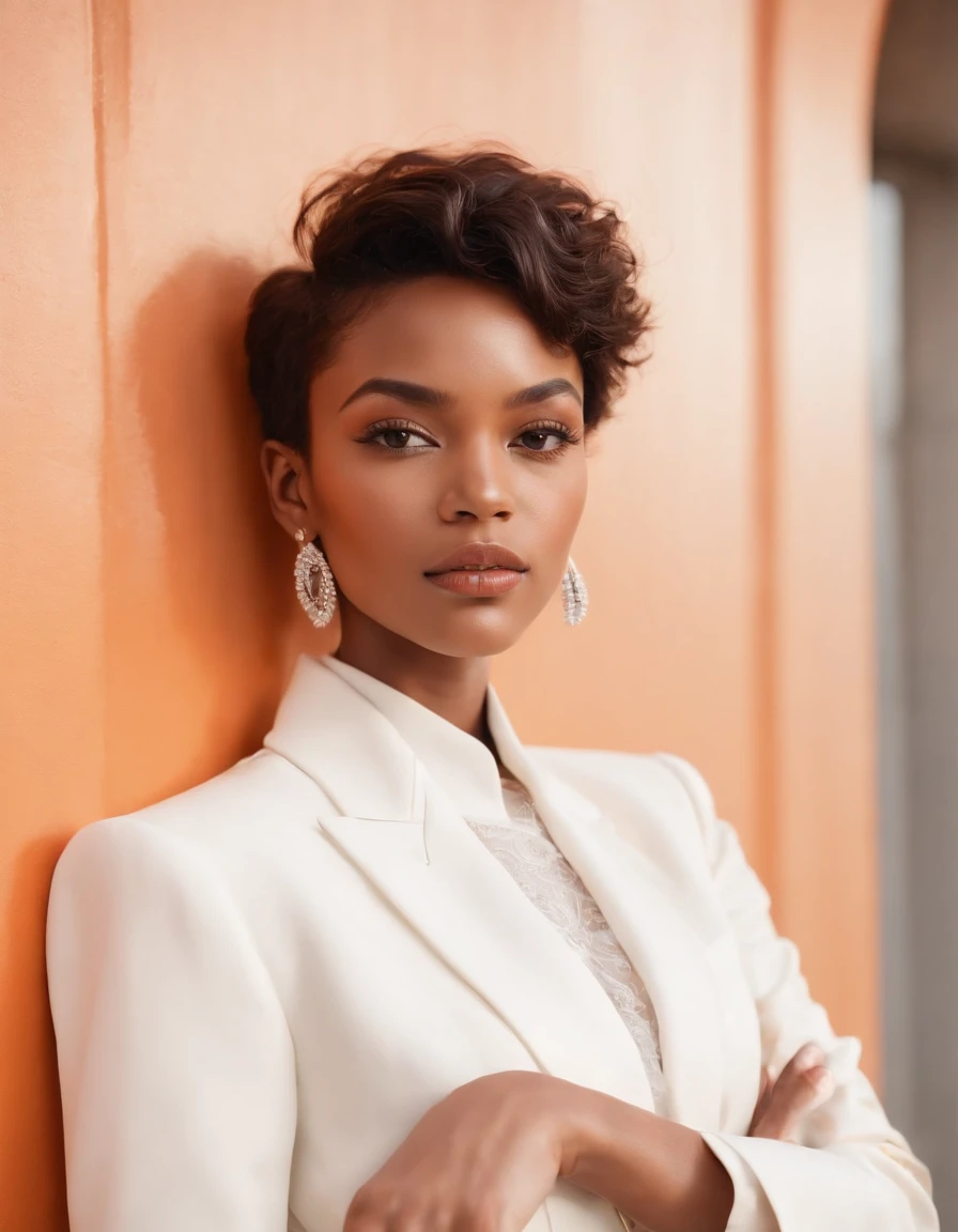 black woman short hair, fashion model pose, wearing white fashion designer suit, earrings and orange wall, sun lighting, half length shot, high quality photo