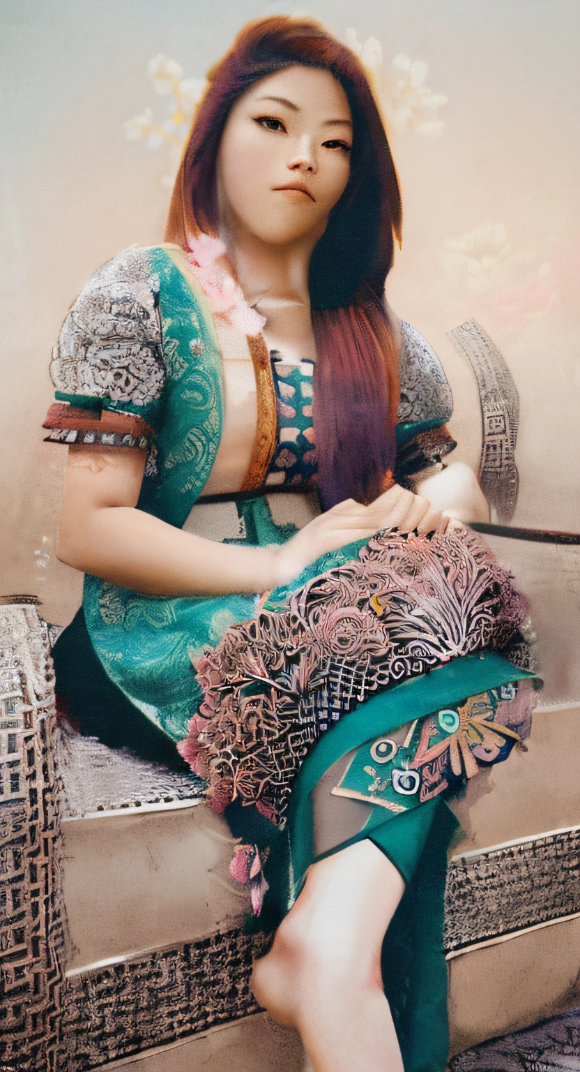 (ultra-detailed background, detailed background), absurdres, highres, ultra detailed, extremly detailed, 1girl, yae miko, pink hair, purple eyes, (bunch of flowers:1.3), (zentangle:1.2), (geometric:1.2),(colorful),