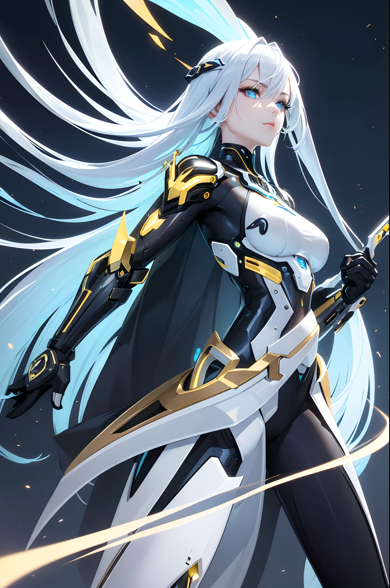 AI SciFi cyborgs Intricately organically finely divided platinum partial protector Golden Articulated Mechanical Parts Head of a silver-haired woman One skin Partly metal pads Neon sign urban area Dynamic and dynamic Sword Action Pose