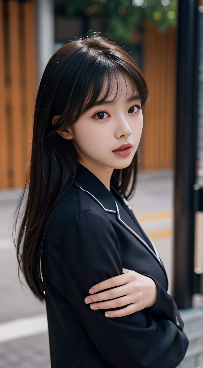 realistic photos of 1 cute Korean star, streaked hair, white skin, thin makeup, 32 inch breasts size, wearing as policeman costume, on the street, sunset light, close-up portrait, UHD