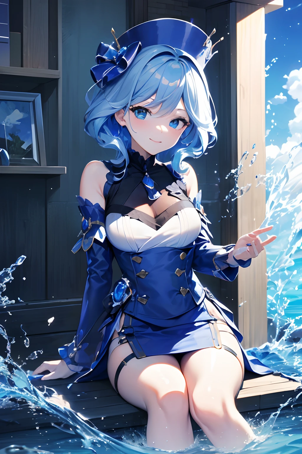 (best quality,4k,highres:1.2),ultra-detailed,realistic:1.37,anime girl sitting on a windowsill, wearing a hat and a blue dress, anime blue water wallpaper, splashing water art, best anime 4k Konachan wallpaper, water element, anime art wallpaper 8k,anime art wallpaper 4k,anime art wallpaper 4k, Aesthetic of Blue Alley, from the game "Blue Alley", tranquil blue sea, rippling blue waves