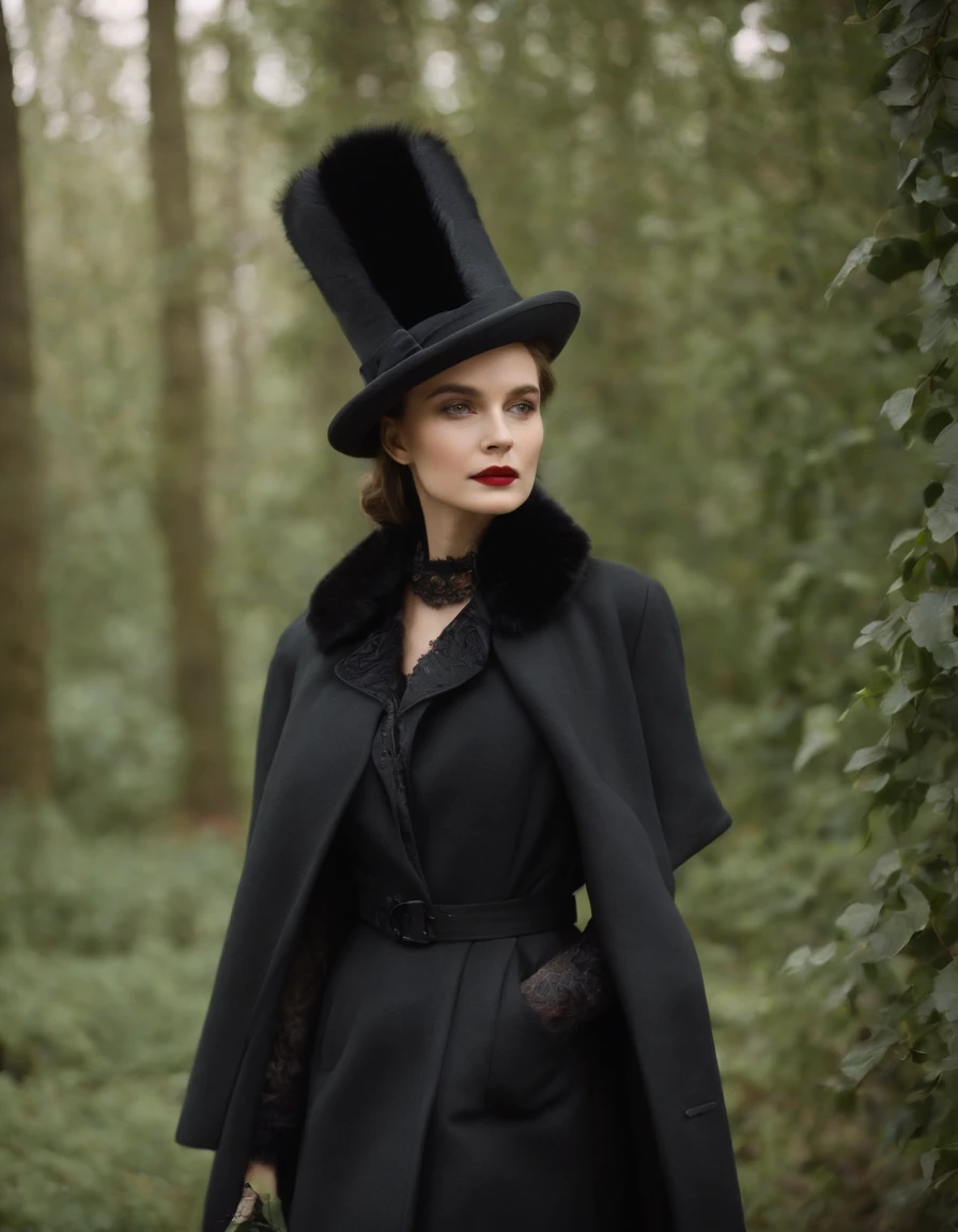 a beautiful woman wearing a coat and hat, in the style of carolina herrera, gothic undertones, unique and one-of-a-kind pieces, 32k uhd, bold curves, classic, frederick sandys