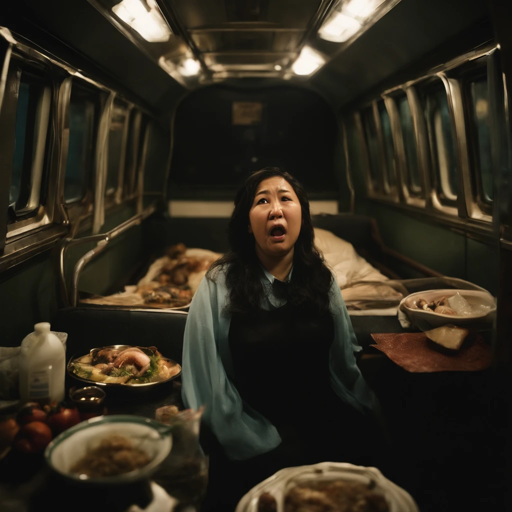 A hyper-realistic、downpours、Woman's bedroom at night with dirty curtains closed due to mass rotting offal, seafood, Manure and vomit scattered on polluted and murky sewage bent and flowing on the train floor.、Japan fat woman in her 20s、While distorting the face with a stench、Spit out a large amount of food and internal organs from a wide open mouth with a pained expression.
