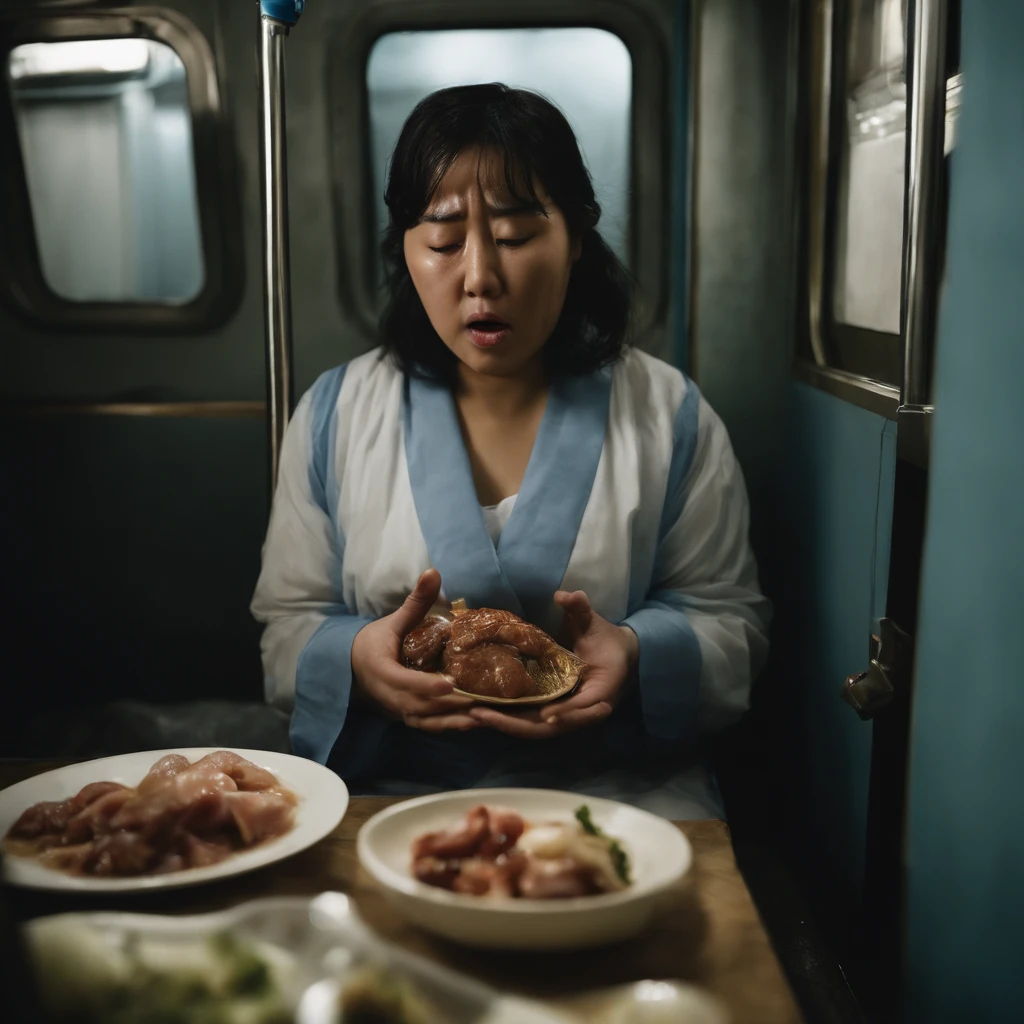 A hyper-realistic、downpours、Woman's bedroom at night with dirty curtains closed due to mass rotting offal, seafood, Manure and vomit scattered on polluted and murky sewage bent and flowing on the train floor.、Japan fat woman in her 20s、While distorting the face with a stench、Spit out a large amount of food and internal organs from a wide open mouth with a pained expression.