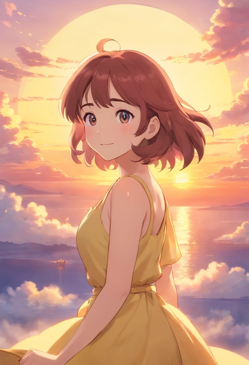 tmasterpiece,best qualtiy,cinematic Film still from,1Beautifulwoman,Cloud beauty,Frontal photo,Delicate and beautiful face,Standard facial features and limbs,Normal hands,Arms spread wide,ssmile,Floating in the sky,closeup cleavage,brightly,cheerfulness,Warm and soft lighting,the sunset,(spark of light:0.7)