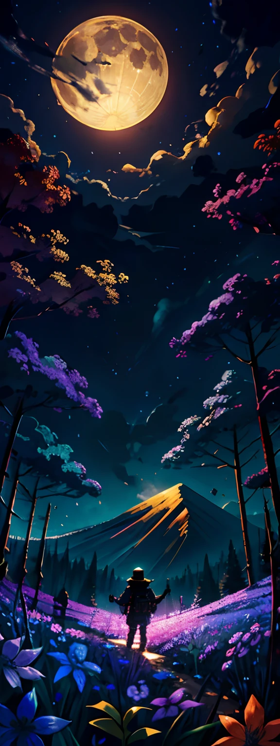 Expansive landscape photograph,(View from below with a view of the sky and the wilderness below),Little bear standing in a flower field looking up,(moon full:1.2),(meteors:0.9),(Starcloud:1.3),Far Mountain,Tree BREAK Production Art,(Warm light source:1.2),(glowworm:1.2),lamp lights,Purple and orange,Complicated details,Volumetric lighting BREAK(tmasterpiece:1.2), (HighestQuali),4K,ultra-delicate,(Dynamic configuration:1.4),Highly detailed and colorful details(Irridescent color:1.2),(Sparkling lighting,Atmospheric lighting),dream magical,magical,(独奏:1.2)