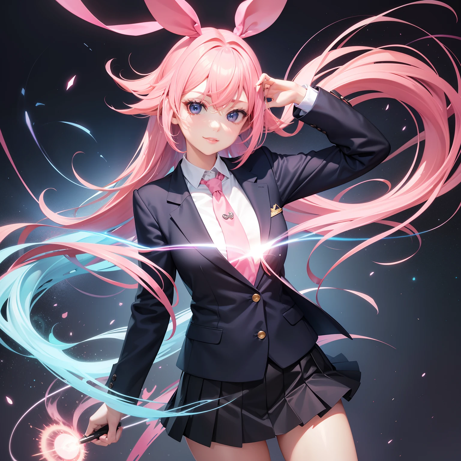 full body Esbian, masutepiece: 1.2, Highest Quality), (Live-action, elaborate details), (1 Lady, Solo, Upper body,) Clothing: Edgy, Navy Blazer, pink miniskirt, High School Uniform , Avant-garde, Experimental appearance: Long pink twin-tailed hair Location: School, crass room, Solo, Nice smile, spark of light, rainbows、brilliance、Value Creation in Mixed Media Art: individuality, authenticity, Creative expression