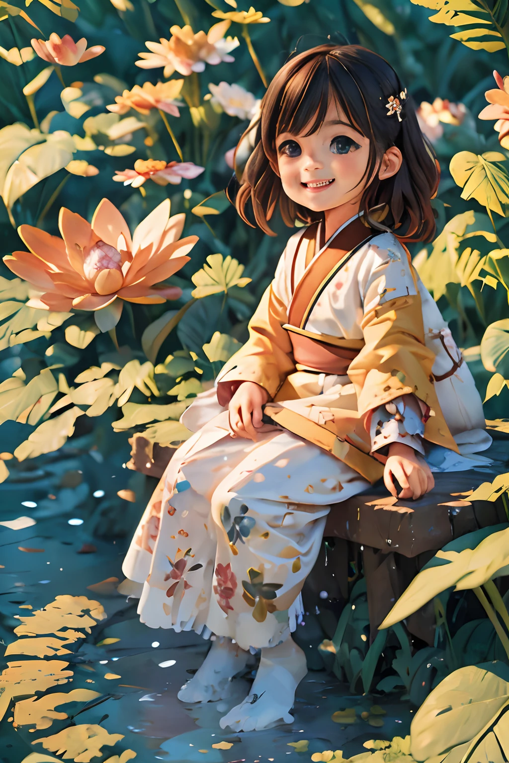 Pods full of lotus flowers, A little girl happily sits on the lotus leaves of a pod, Huge lotus leaf, Barefoot, Dressed in white and green Hanfu, Light and shadow, A masterpiece，stechu，（white backgrounid：1.4），（（tachi-e）），Original，（illustratio：1.1），（best qualtiy），（tmasterpiece：1.1），（Very detailed CG unity 8K wallpaper：1.1），（a color： 0.9),(panoramicshooting:1.4),(solo person:1.2),(Splash ink),(Splash color),((aquarelle)),sharp and clear focus,{ 1girl standing },((Chinese national customs )),Flower background ,exteriors,Rochas,Look at the viewer,make happy expressions,Soft smile,chaste,Beautiful delicate face and eyes,Delicate garment pattern details,brunette color hair,blackigeyes,shuicolor