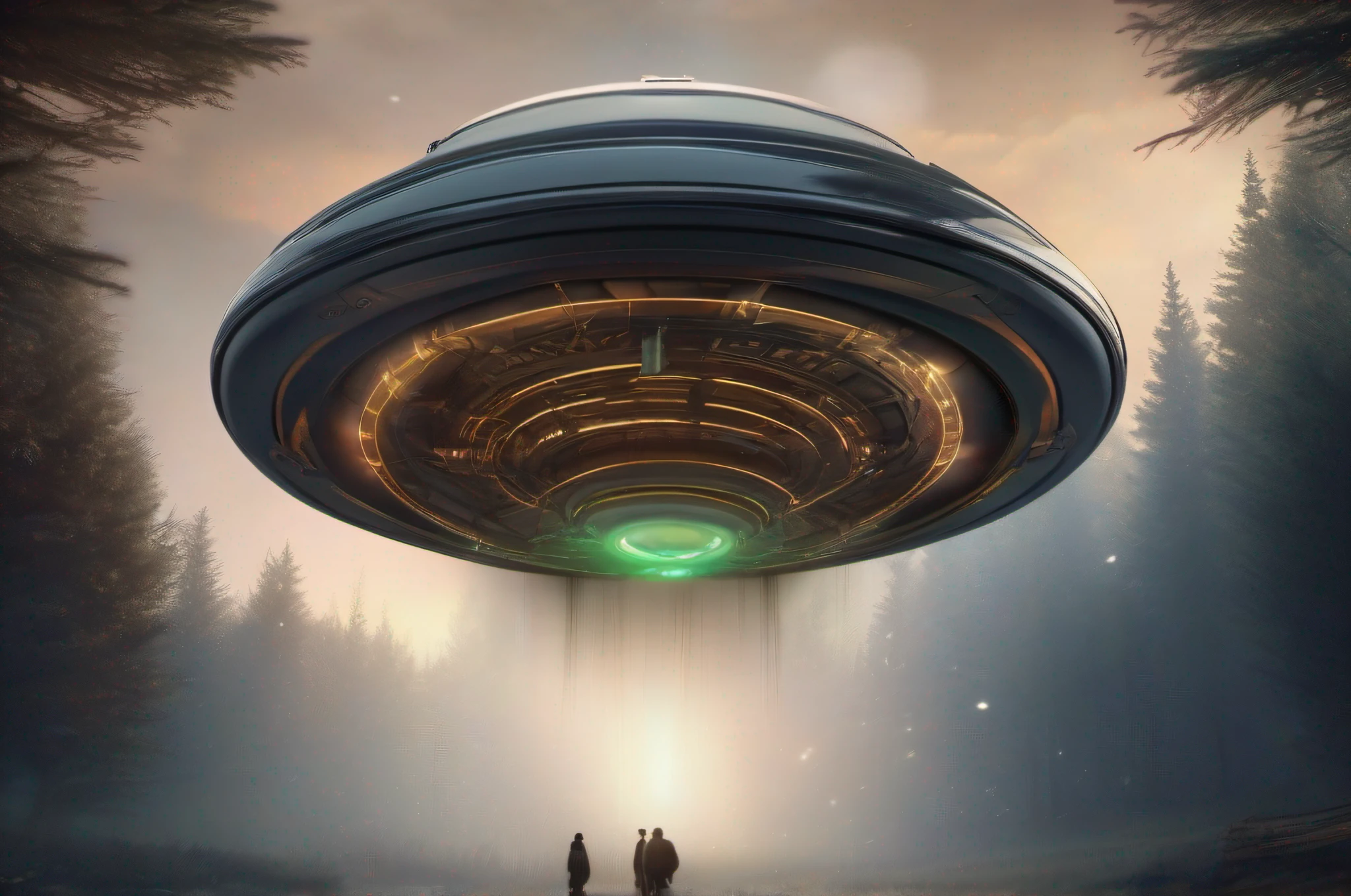 Generate a highly realistic image of a flying saucer which appear to be in the process of lifting human beings into the flying saucer through a central light beam. It is hovering in the sky, Its night-time scene with an eerie atmosphere. The setting should be a clearing within a grassy forest, illuminated by light from the flying saucer. The flying saucer should exhibit intricate details, including visible pipes, wires, diodes, and the emission of steam and gas from valves. Flickering lights should be seen around the saucer's periphery, adding to the mysterious ambiance. Direct your attention to the space beneath the flying saucer, which should be flooded with an intense, unearthly light. In the center of this illuminated area, a prominent central beam of light should be visible, extending from the saucer towards the ground. , creating a sense of intrigue and wonder. Cinematic lighting and feel. Ultra HD, 32k, --AR 16:9, -- chaos 1, --v 5.1, --s1