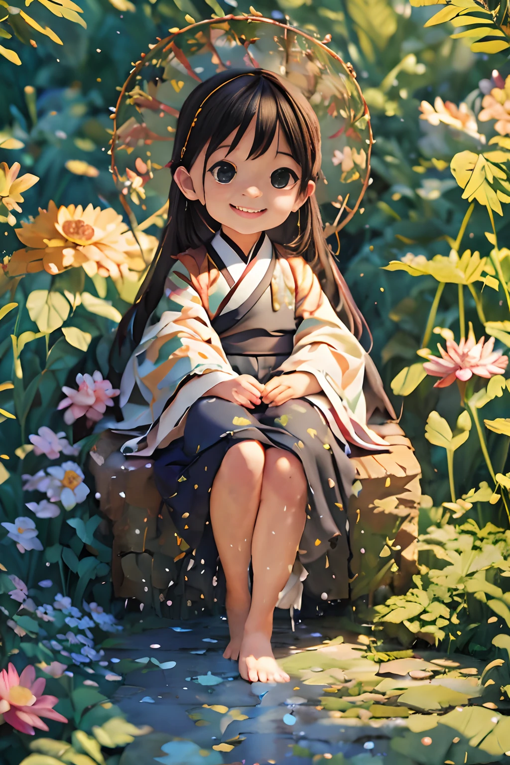 Pods full of lotus flowers, A  happily sits on the lotus leaves of a pod, Huge lotus leaf, Barefoot, Dressed in white and green Hanfu, Light and shadow, A masterpiece，stechu，（white backgrounid：1.4），（（tachi-e）），Original，（illustratio：1.1），（best qualtiy），（tmasterpiece：1.1），（Very detailed CG unity 8K wallpaper：1.1），（a color： 0.9),(panoramicshooting:1.4),(solo person:1.2),(Splash ink),(Splash color),((aquarelle)),sharp and clear focus,{ 1girl standing },((Chinese national customs )),Flower background ,exteriors,Rochas,Look at the viewer,make happy expressions,Soft smile,chaste,Beautiful delicate face and eyes,Delicate garment pattern details,brunette color hair,blackigeyes,shuicolor