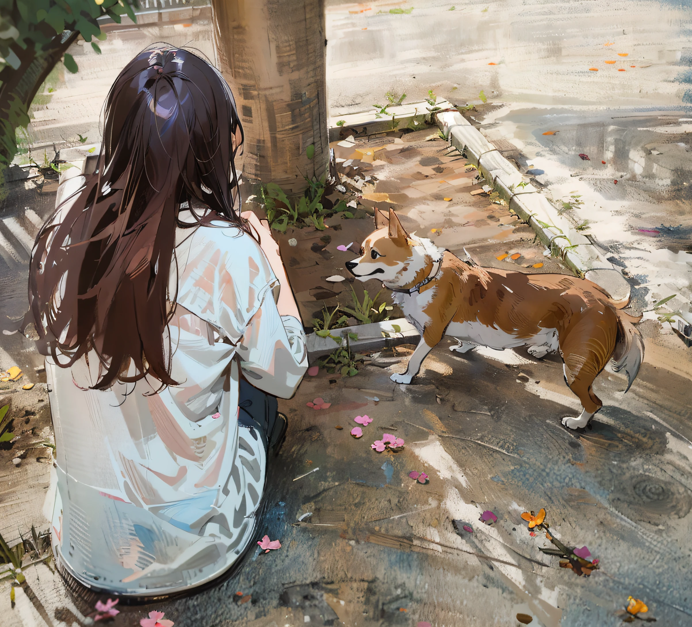 Drawing a woman sitting on the ground with a dog, digital painting highly detailed, Realistic painting style, Realistic picture, pintura ilustrativa realista, highly detailed digital painting, Realistic illustration, realistic scene, Realistic art, super realistic painting style, photo realistic style, Realistic art style, painting illustration, Realistic style, Realistic painting effect, drawn in anime painter studio