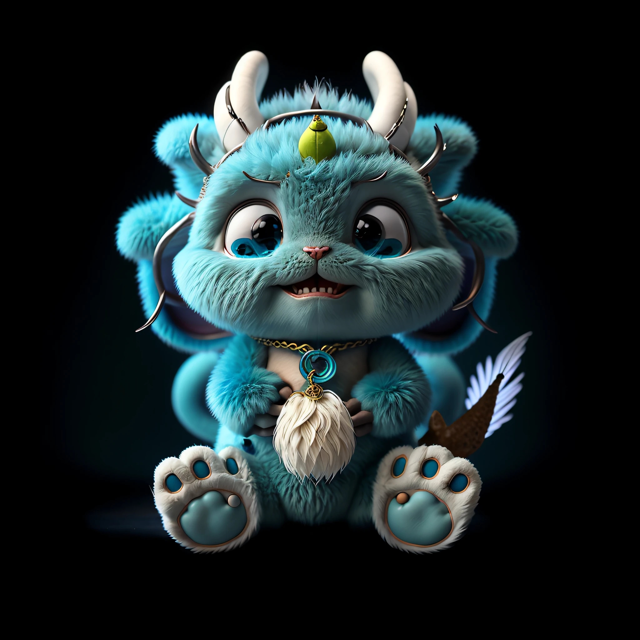 Cartoon blue dragon with horns and horns sitting on the ground, cute monster character design, cute little dragon, a cute little blue dragon, adorable creature, cute monster, Furry friendly dragon cute chibi plush toy, adorable creature, Portrait of a cute monster, cute forest creature, monster character design, cute toy, stuffed dragon, fluffy green belly，The blue flat in the middle of the forehead has traces of water droplets，The soles of the feet are flat，No teeth，The tail is obvious