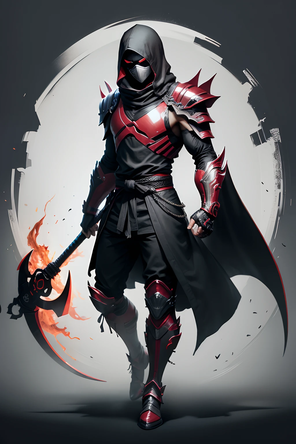 create a burning ninja power ranger, full body , black background , goth ,gore, armor, scythe, death , a bit samurai theme ,skull head ,long coat