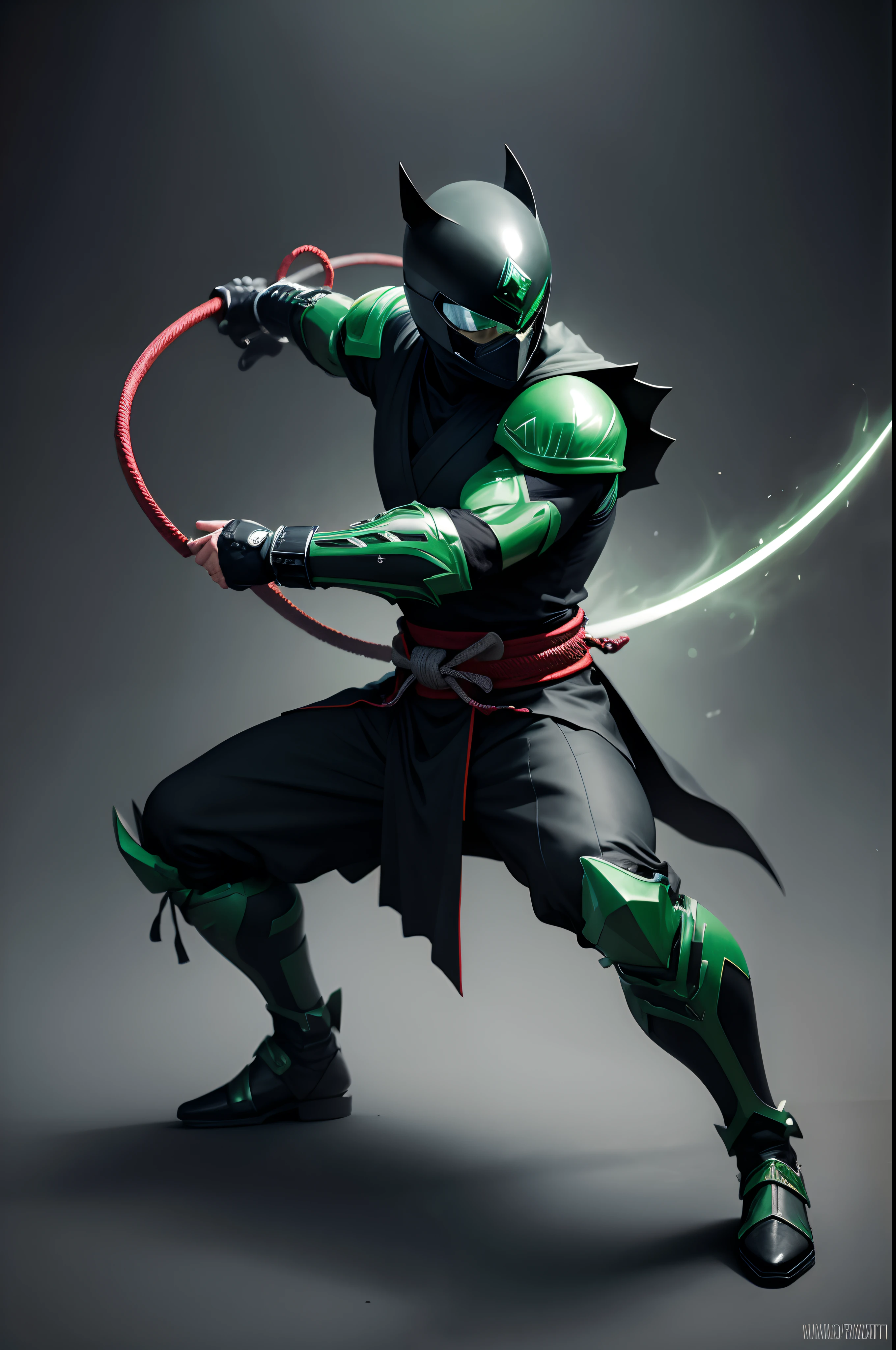 create a dark green ninja power ranger, full body , black background , holding whip , a bit samurai theme ,wearing hat
