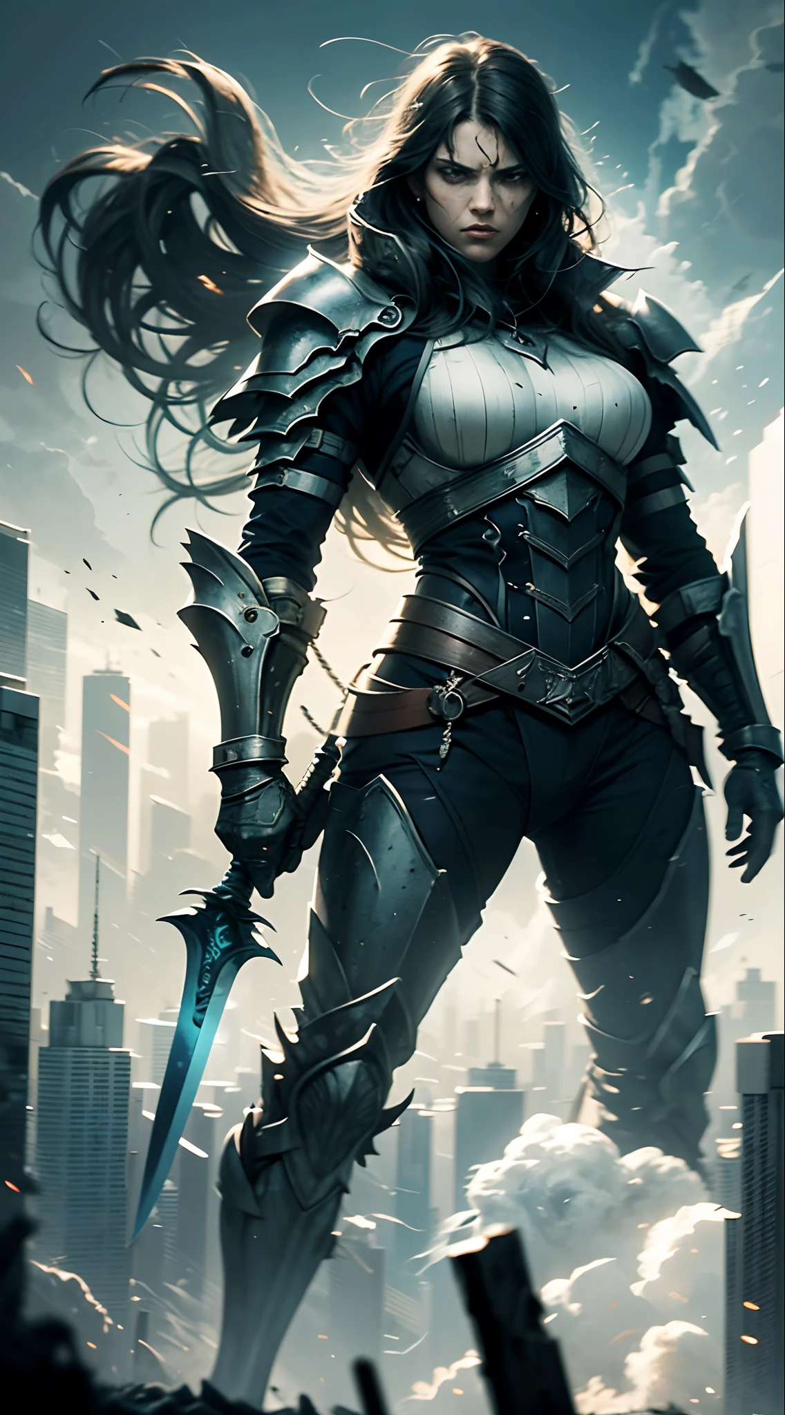 "Create an AI art piece depicting Erin yeager, standing atop a towering building, silhouetted against an extreme dark background. Thick, billowing smoke rises ominously in the backdrop, partially obscuring the towering walls of the city. Erin is portrayed in a serious and determined mood, with a solemn expression on his face. He is clad in his Attack on Titans uniform, and his attire bears the marks of battle, with visible bloodstains. Erin grips a colossal sword in his hand, its gleaming blade catching the faint light that pierces through the smoky haze. The atmosphere is charged with tension and anticipation, as Erin surveys the battlefield, ready to defend humanity against the looming Titan threat." --auto --s2