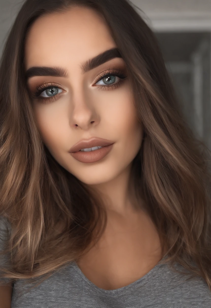 Arafed Mujer con camiseta sin mangas y bragas a juego, Chica sexy con ojos marrones, Retrato Sophie Mudd, brown hair and large eyes, selfie de una mujer joven, Ojos del dormitorio, Violeta Myers, sin maquillaje, Maquillaje natural, staring directly into camera, cara con artgram, maquillaje sutil, Impresionante foto de cuerpo completo, escote, Sentado a la mesa