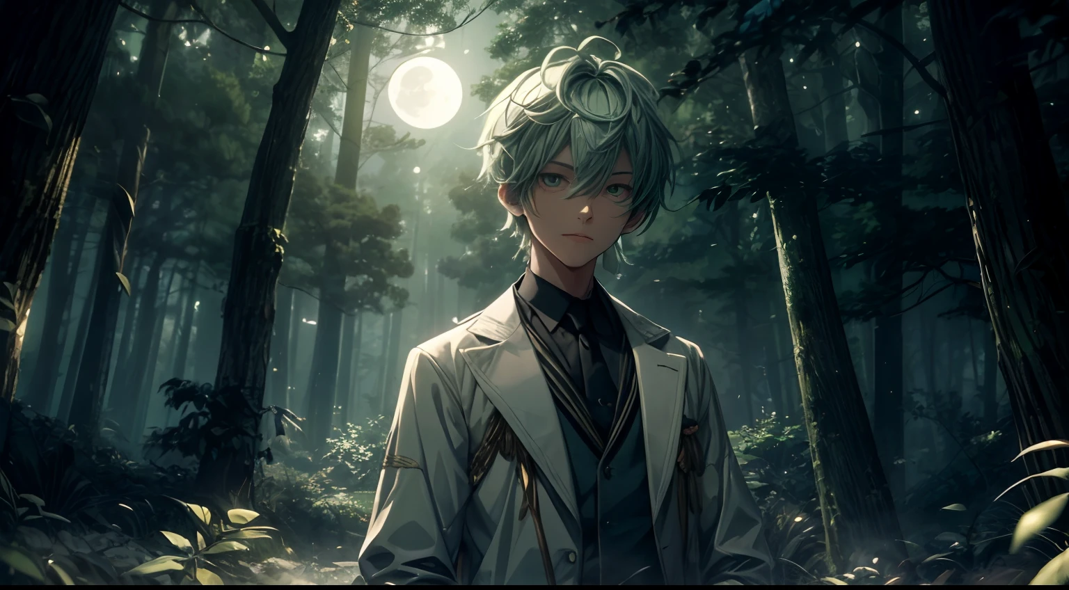 A scene on the edge of the forest on a moonlit night. A character with short green hair and white clothes stands among the trees facing the viewer. This character holds an exotic snake that coils around his arms and seems to be an extension of himself. The soft moonlight highlights these characters, creating a mysterious silhouette.
