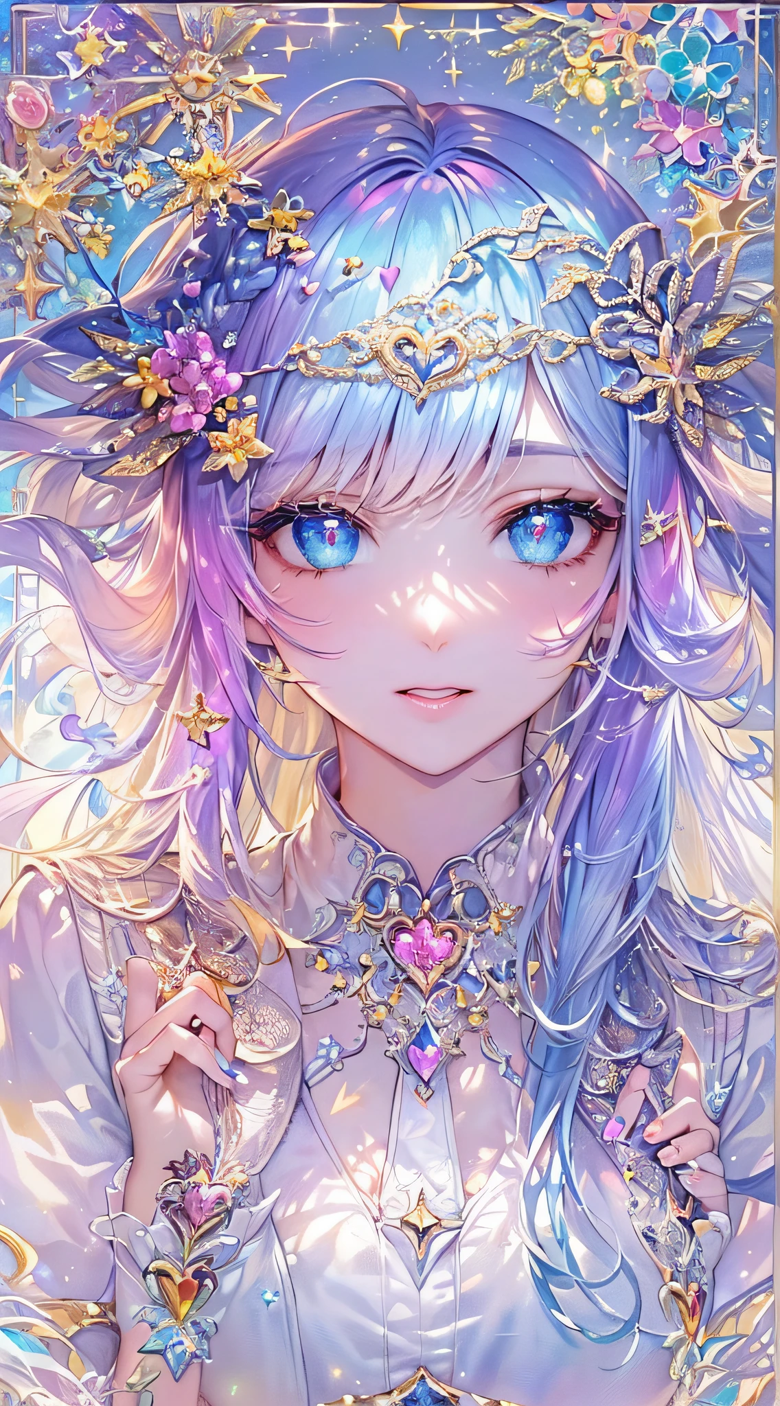 Soft Focus , (Bright gradient watercolor :1.5, Lens Flare:1.5 , Glitter :1.5), Glow , Dreamy , White background、Grid illusion, Colorful, girl、((extremely detailed eye:1.5)),((Face Zoom:1.5)),((Face Focus:1.5)),(((​masterpiece、top-quality、top-quality、watercolor paiting)))(Curly)、Official art、Beautifully Aesthetic:1.2)、eye glass、(Hand and hand heart shape:1.5),(4girl:1.5)、(Fractal Art:1.3)、The upper part of the body、colourfull、((Ultra-detailed retina:1.5))、embarrassed from、(Midriff)、((Super Detail Eyes:1.5))、(rainbow-colored hair、colourful hair、Half blue and half light blue hair:1.5)、((the Extremely Detailed CG Unity 8K Wallpapers、​masterpiece、top-quality))、((ultra-detailliert:1.2))、(The best lighting、Best Shadows、extremely delicate and beautiful)、(the Extremely Detailed CG Unity 8K Wallpapers、​masterpiece、best qualtiy、ultra-detailliert)、(The best lighting、Best Shadows、extremely delicate and beautiful)、(the perfect body:1.5)、((High School Uniforms:1.5)),{{{{Dazzling brilliance}}}}、Rainbow Bridge、(masutepiece:1.2), Best Quality, (Illustration:1.2), (Ultra-detailed), hyperdetails, (delicate detailed), (Intricate details), (Cinematic Light, best quality backlight), solo women, Perfect body, (4girl), (Best Illumination, extremely delicate and beautiful), Cinematic Light、【emblem:Irridescent color 】、Blue sky with white angel wings proportional to body、Sunnyday