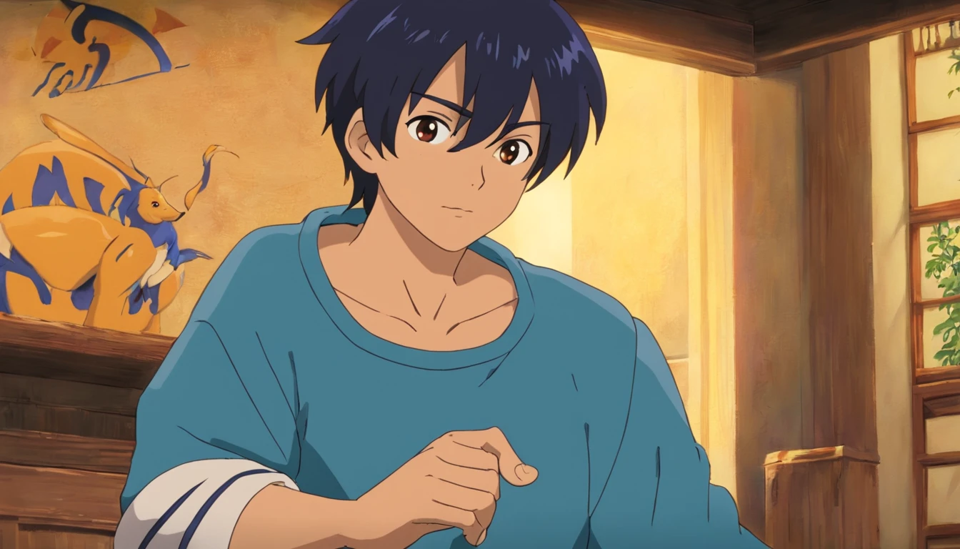 Create a prompt for developing my anime character named Reva. He is a male character wearing a blue outfit, with black hair, and brown skin. Please provide further details. Create a single frame with multiple different poses, all featuring the same character. The prompt should be in English and concise.
