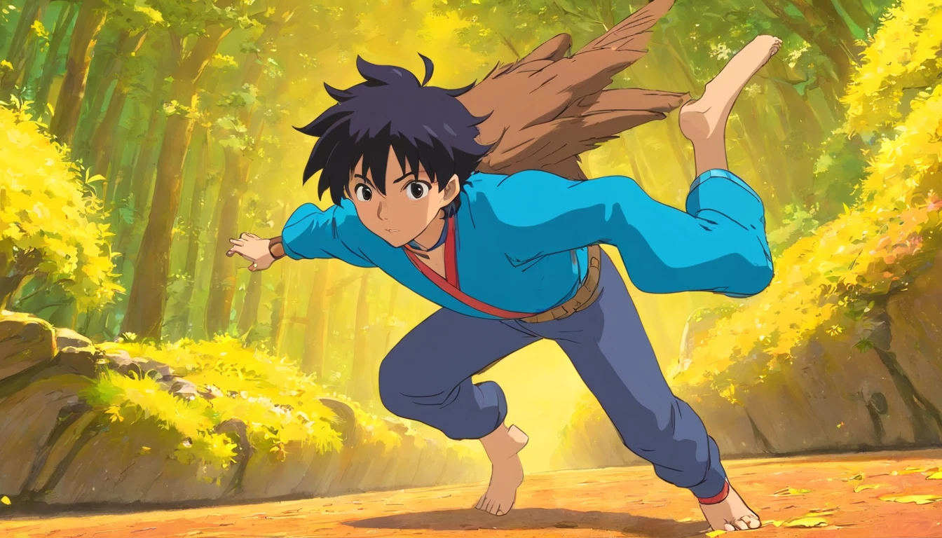 Create a prompt for developing my anime character named Reva. He is a male character wearing a blue outfit, with black hair, and brown skin. Please provide further details. Create a single frame with multiple different poses, all featuring the same character. The prompt should be in English and concise.