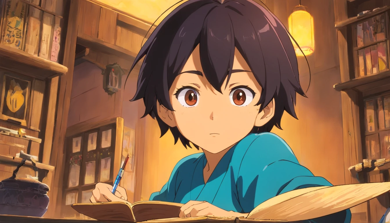 Create a prompt for developing my anime character named Reva. He is a male character wearing a blue outfit, with black hair, and brown skin. Please provide further details. Create a single frame with multiple different poses, all featuring the same character. The prompt should be in English and concise.