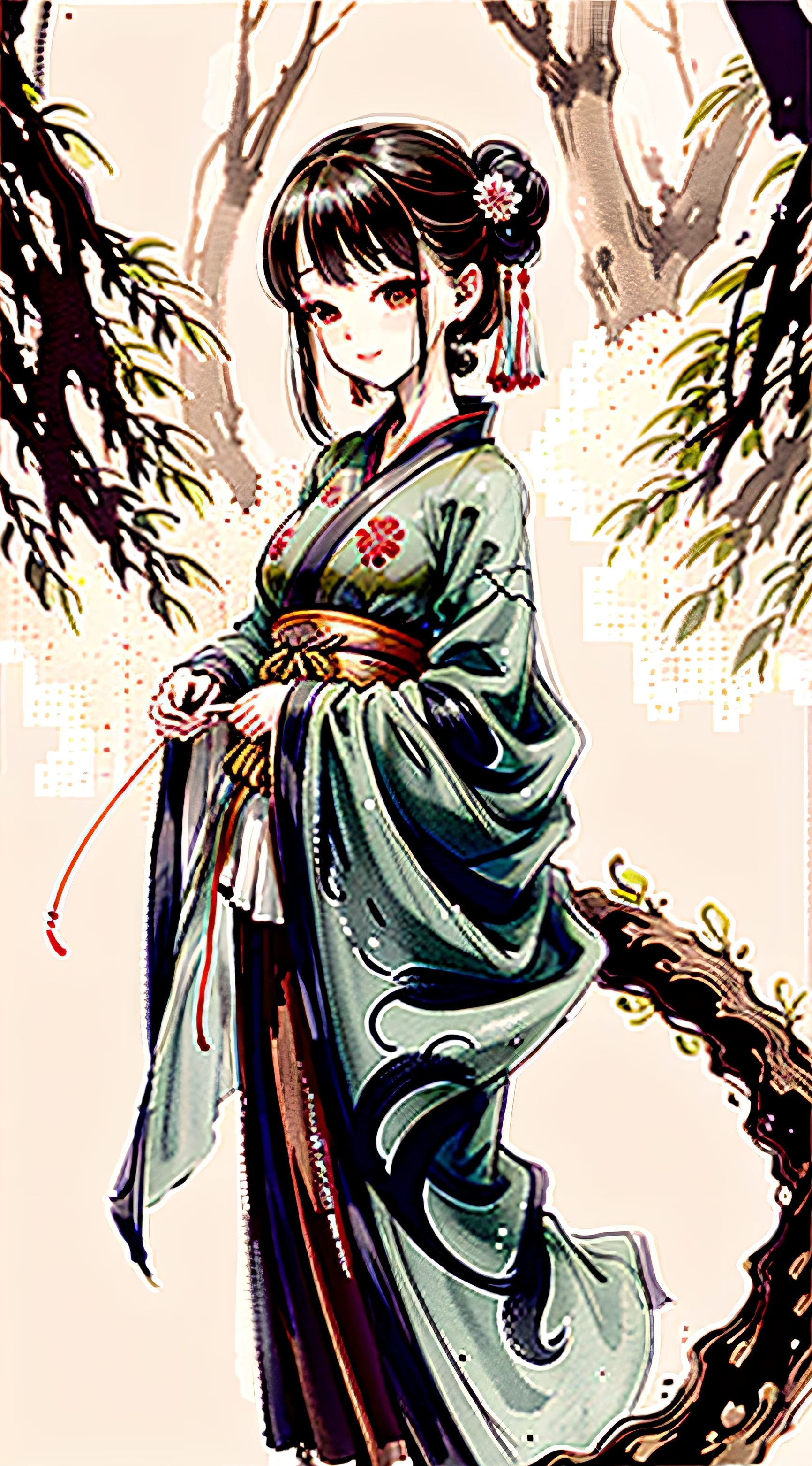 shukezouma, negative space, , shuimobysim , portrait of a woman standing , willow branches, (masterpiece, best quality:1.2), traditional chinese ink painting, modelshoot style, peaceful, (smile), looking at viewer, wearing long hanfu, hanfu, song, willow tree in background, wuchangshuo,