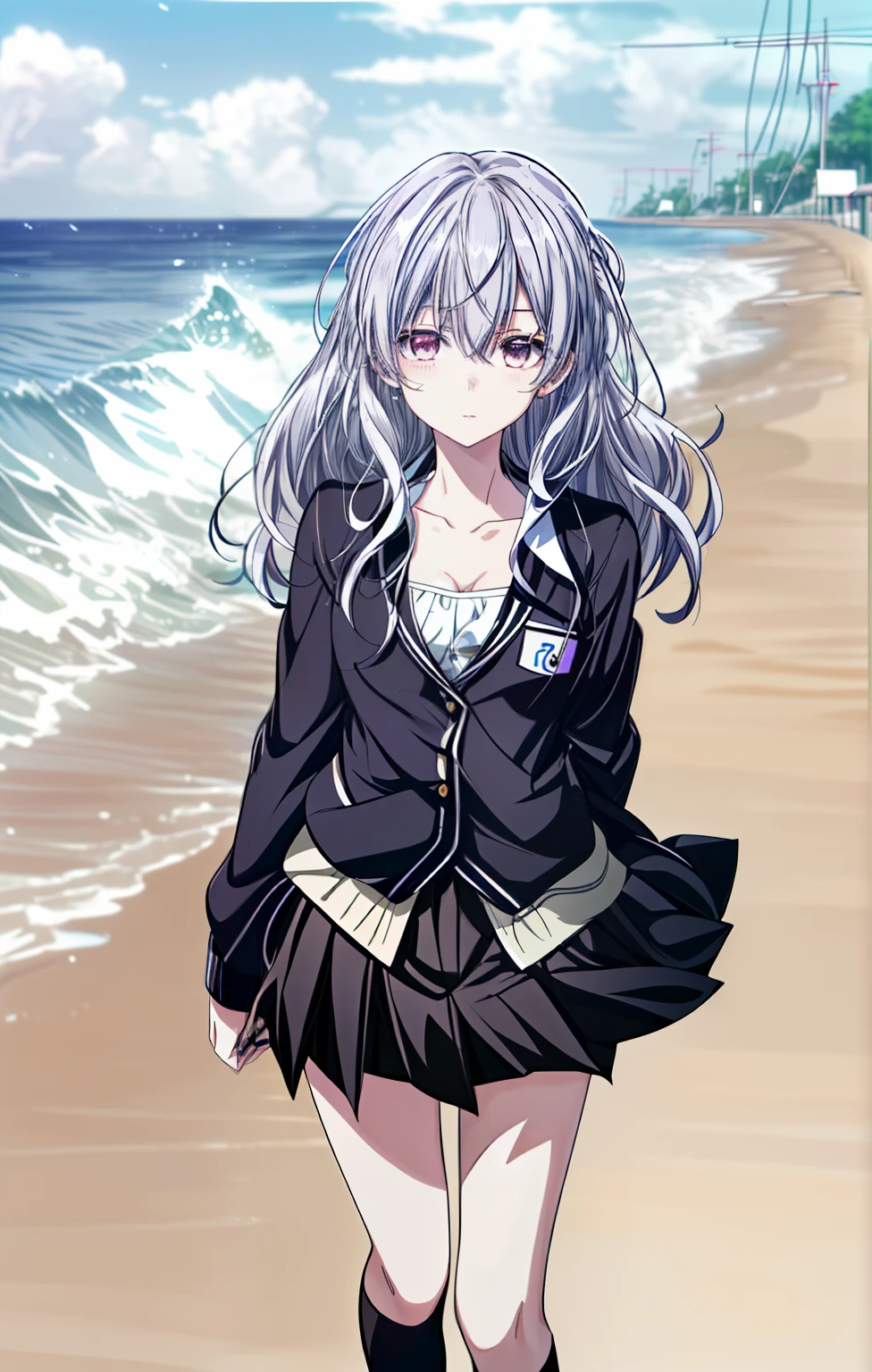 Anime girl in a black dress standing on a beach near the ocean - SeaArt AI
