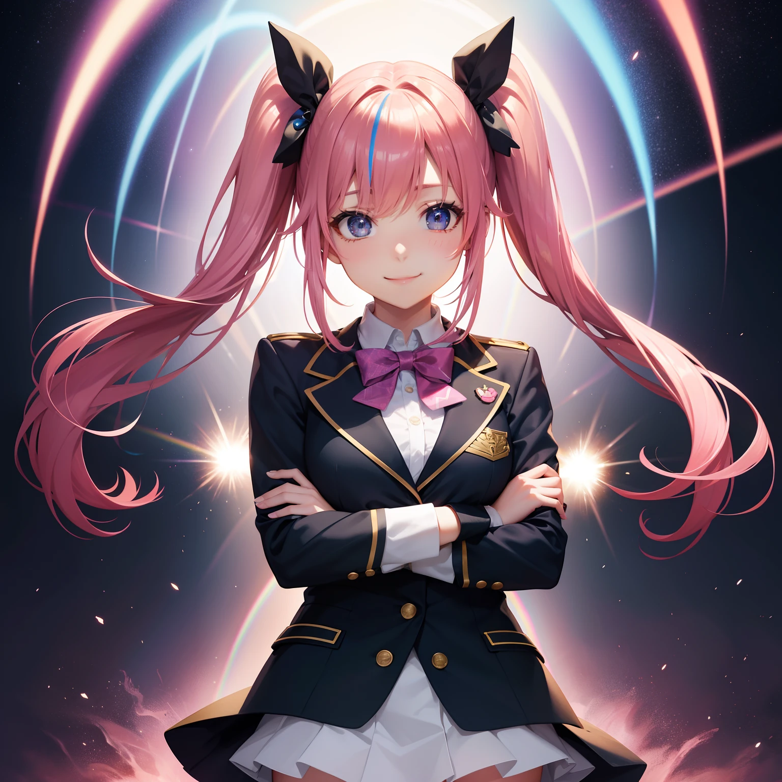 full body Esbian, masutepiece: 1.2, Highest Quality), (Live-action, elaborate details), (1 Lady, Solo, Upper body,) Clothing: Edgy, Navy Blazer, pink miniskirt, High School Uniform , long hair with pink twin tails、Avant-garde, Experimental appearance: Long pink twin tail hair Location: School, crass room, Solo, Nice smile, spark of light, rainbows、brilliance、Value Creation in Mixed Media Art: individuality, authenticity, Creative expression