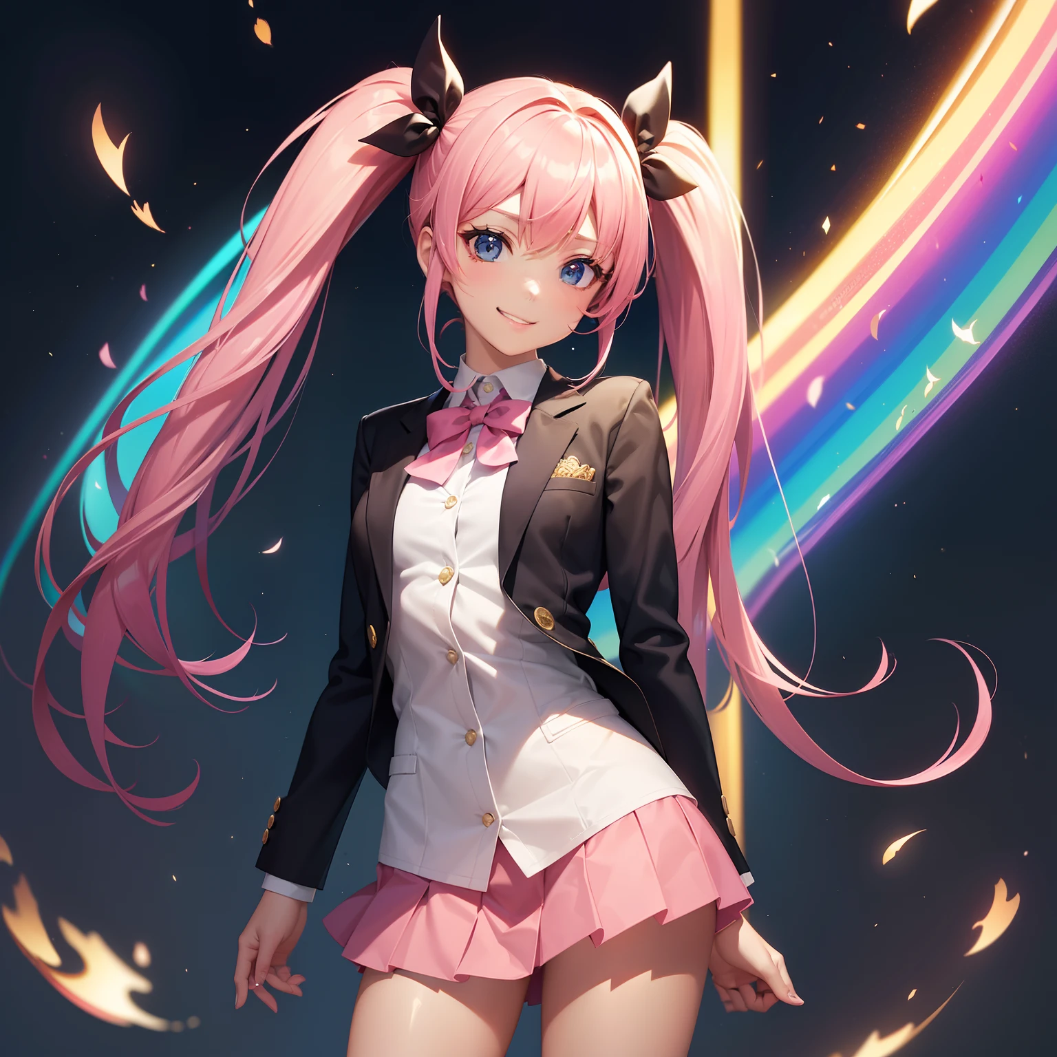 full body Esbian, masutepiece: 1.2, Highest Quality), (Live-action, elaborate details), (1 Lady, Solo, Upper body,) Clothing: Edgy, Navy Blazer, pink miniskirt, High School Uniform , long hair with pink twin tails、Avant-garde, Experimental appearance: Long pink twin tail hair Location: School, crass room, Solo, Nice smile, spark of light, rainbows、brilliance、Value Creation in Mixed Media Art: individuality, authenticity, Creative expression