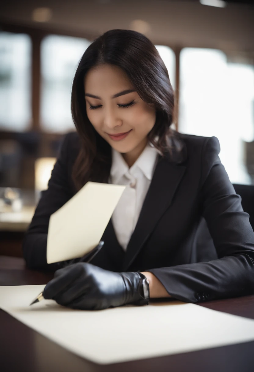 Wearing black leather gloves in both hands, upper body, black business suit, facing the desk in the modern study in the dark, looking down, smiling, writing a letter using a fountain pen, long, straight black hair, young and cute face Japanese female new employee (black leather gloves cover both hands)