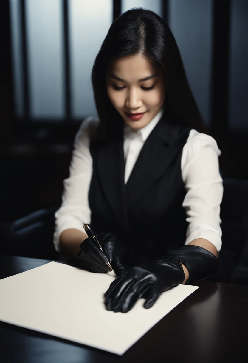 Wearing black leather gloves in both hands, upper body, black business suit, facing the desk in the modern study in the dark, looking down, smiling, writing a letter using a fountain pen, long, straight black hair, young and cute face Japanese female new employee (black leather gloves cover both hands)