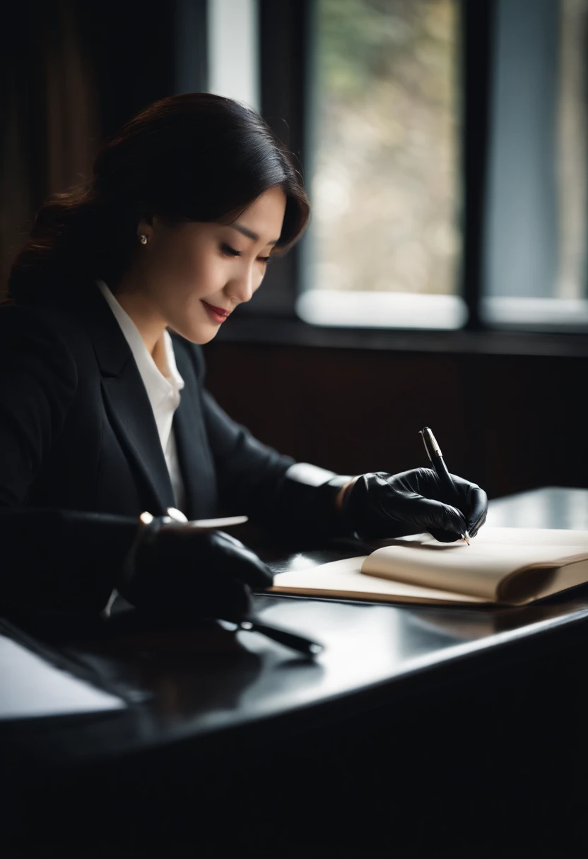 Wearing black leather gloves in both hands, upper body, black business suit, facing the desk in the modern study in the dark, looking down, smiling, writing a letter using a fountain pen, long, straight black hair, young and cute face Japanese female new employee (black leather gloves cover both hands)