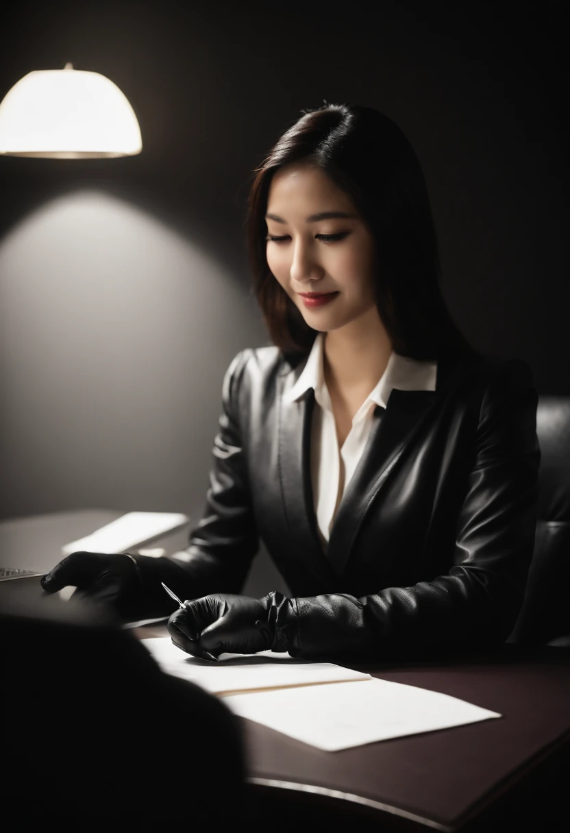 Wearing black leather gloves in both hands, upper body, black business suit, facing the desk in the modern study in the dark, looking down, smiling, writing a letter using a fountain pen, long, straight black hair, young and cute face Japanese female new employee (black leather gloves cover both hands)