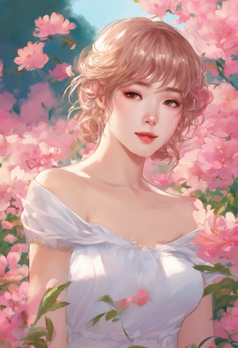 Best quality, Masterpiece, 超高分辨率 (Photorealistic: 1.4), RAW photo, 1 girl, White dress, Bare shoulders, Blooming pink flower field, Glowing skin, Slight smile