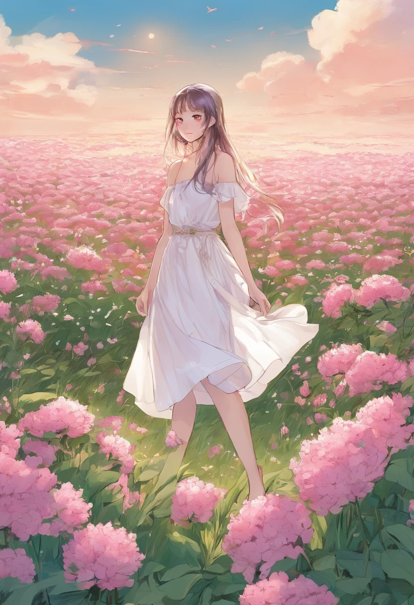 Best quality, Masterpiece, 超高分辨率 (Photorealistic: 1.4), RAW photo, 1 girl, White dress, Bare shoulders, Blooming pink flower field, Glowing skin, Slight smile