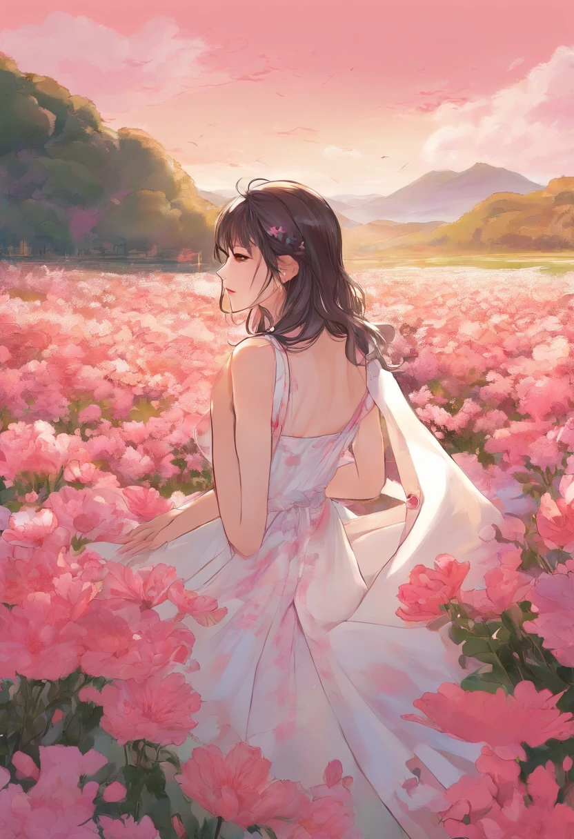 A woman in a white dress standing in a field of flowers - SeaArt AI